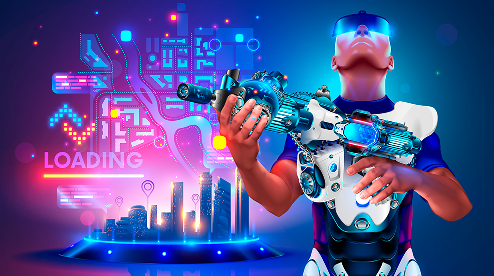 Computer player with a gun in virtual reality.